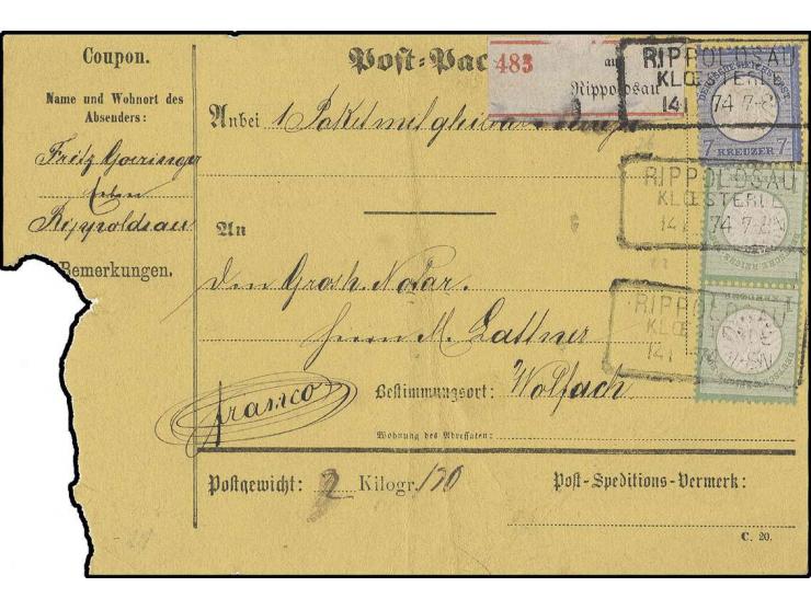 1 Kr. grün im senkrechten Paar und 7 Kr. grauultramarin mit Ra3 "RIPPOLDSAU KLOESTERLE 14 1 74" auf Paketadresse (mit Coupon,