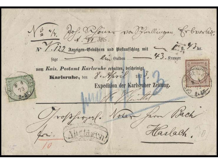 9 Kr. braun und Kleiner Schild 1 Kr. grün, beide gut geprägt und üblich gezähnt mit leichter Patina mit EKr. "CARLSRUHE IN BA