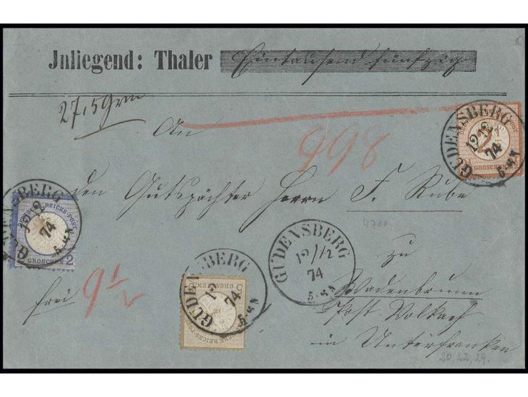 1874, 2½ auf 2½ Gr., 2 Gr. und 5 Gr. mit EKr. "GUDENSBERG 12 12 74" auf Wertbriefumschlag nach Volkach; eine Rückklappe fehlt