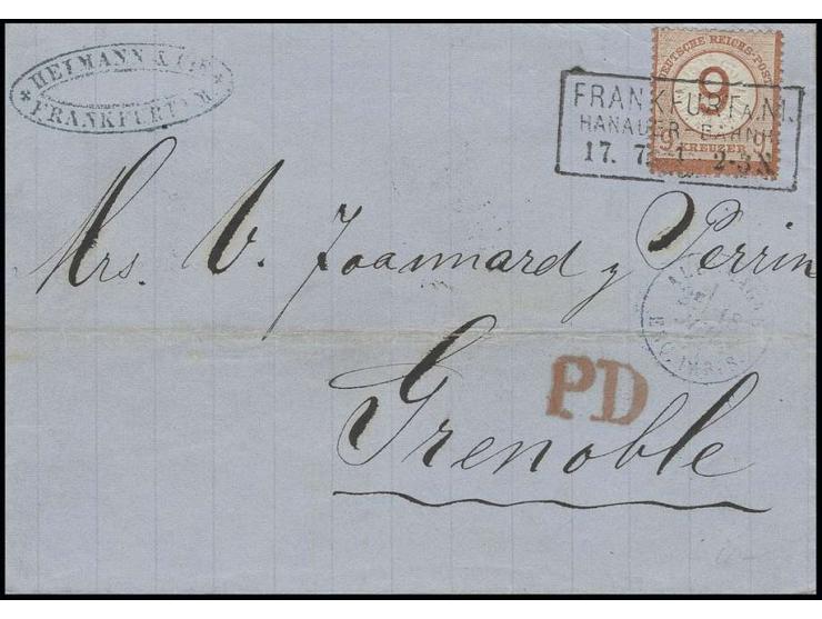 9 auf 9 Kr. braunorange als Einzelfrankatur auf Faltbrief mit Ra3 "FRANKFURT A. M. / HANAUER-BAHNH. / 17 7 74" nach Grenoble,