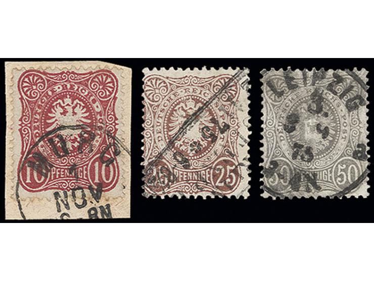1875/79, Pfennige: 10 Pfge. blutrot, 25 Pfge. lilabraun und 50 Pfge. grau, jeweils schmale Marke, gestempelt, Pracht, doppelt