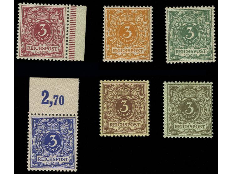 1889, Krone/Adler 3 Pfg., Netzaufdruckprobe, 6 Werte kpl., je 3 Stück ungebraucht bzw. postfrisch, dabei ein Seiten- und ein 