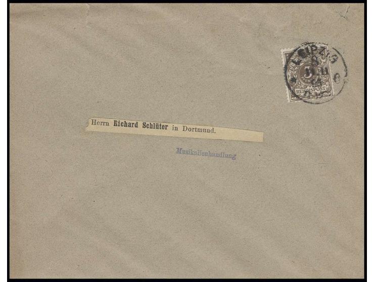 3 Pfg. graubraun mit Plattenfehler "O in REICHSPOST links oben gebrochen" auf Drucksachen-Umschlag von "LEIPZIG 14.11.95" nac