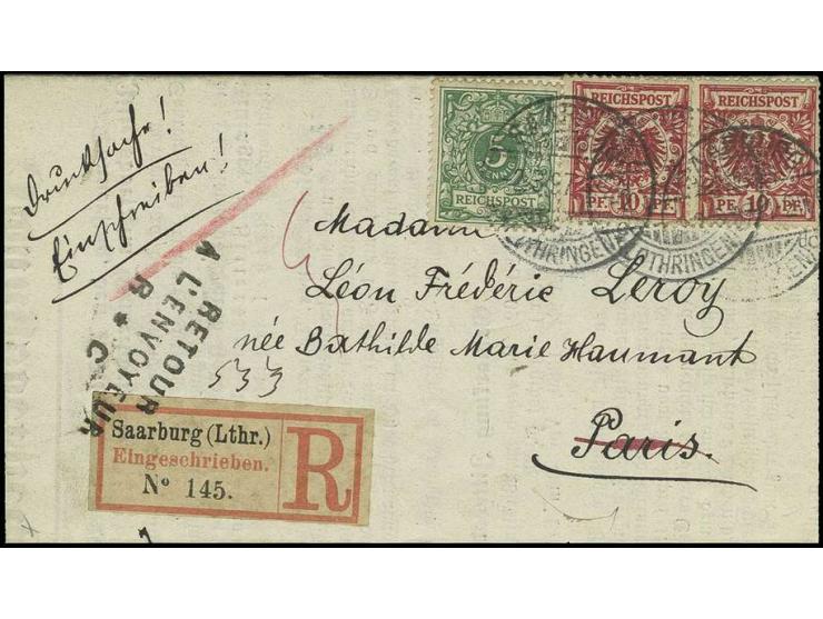 5 Pfg. grün und 10 Pfg. rot (2) auf komplettem eingeschriebenen Drucksachenfaltbrief von "SAARBURG 2.3.97" nach Paris mit Ank