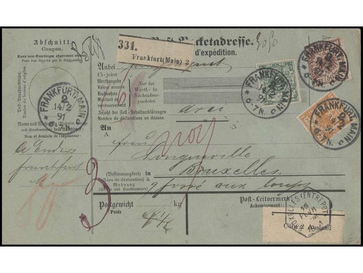 25 Pfg. goldgelb, 50 Pfg. lilabraun und 5 Pfg. grün als portogerechte Frankatur auf kpl. Auslandspaketkarte von "FRANKFURT 14