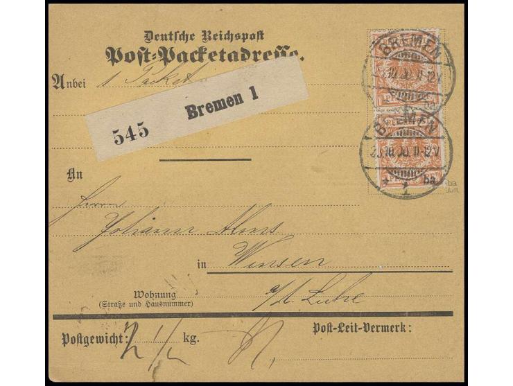 25 Pfg. dunkelorange im senkrechten Paar als portogerechte Mehrfachfrankatur auf Paketkarte von "BREMEN 23.10.00" nach Winsen