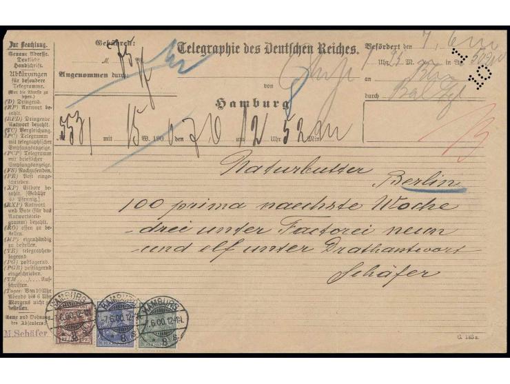 50 Pfg. lilabraun in Mischfrankatur mit Germania Reichspost 20 und 5 Pfg. mit Stempel "HAMBURG 7.6.00" als Gebühr für 15 Wört