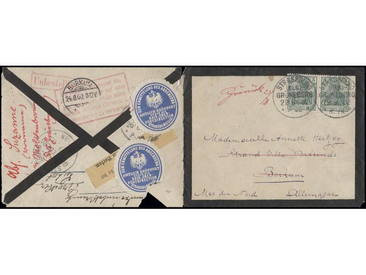 5 Pfg. bläulichgrün im waagerechten Paar mit Stempel "STRASSBURG GRÜNEBERG 22.8.02" auf Trauerbrief nach Borkum und zurück mi