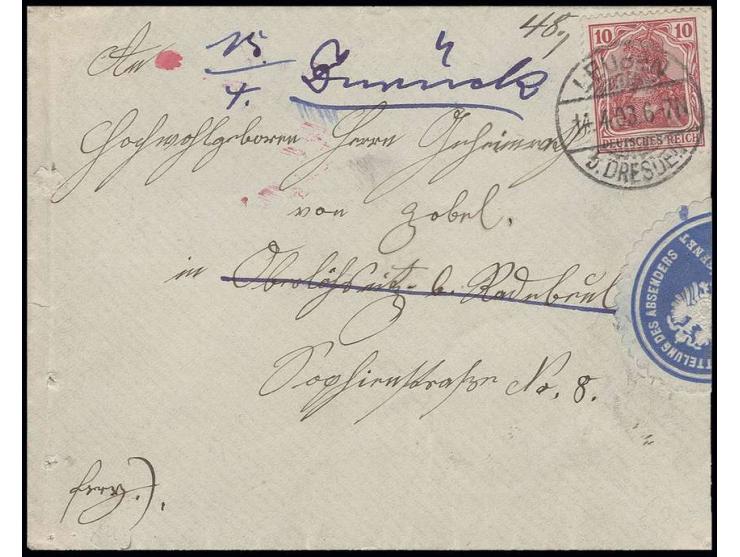 10 Pfg. lebhaftrotkarmin mit Stempel "LEUBEN 14.4.03" auf Brief nach Radebeul und zurück mit um den Rand geklebter Verschluss