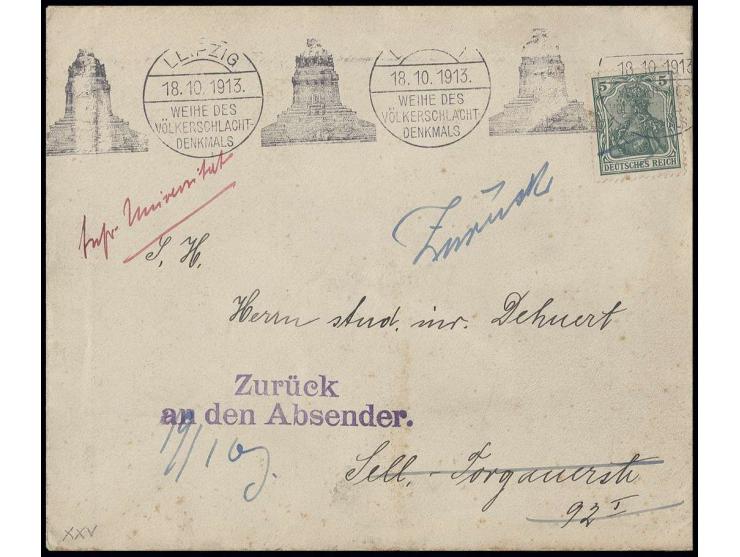 5 Pfg. grün auf Ortsbrief mit Maschinenstempel "LEIPZIG WEIHE DES VÖLKERSCHLACHT-DENKMALS 18.10.13" mit L2 "Zurück an Absende