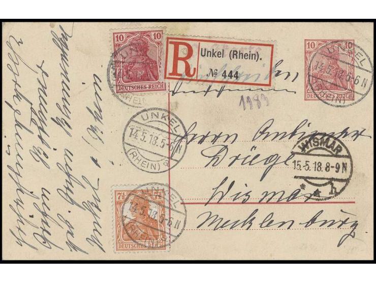 10 Pfg. und 7 1/2 Pfg. als portogerechte Zufrankatur auf Ganzsachenkarte 10 Pfg. als Einschreibe-Postkarte von "UNKEL 14.5.18