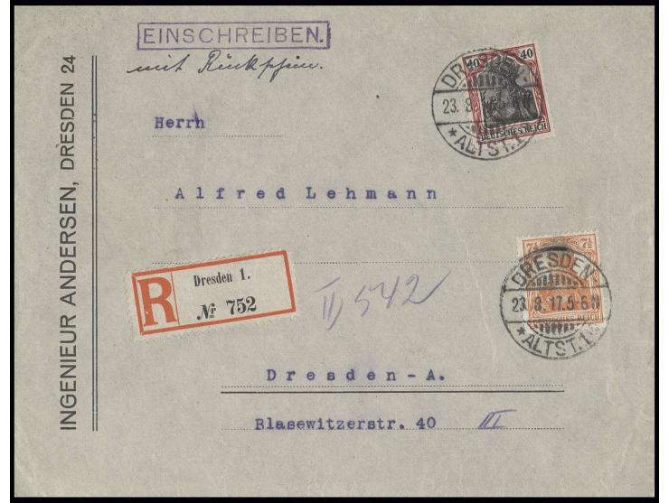 40 Pfg. und 1916, 7½ Pfg. mit Stempel "DRESDEN 23.8.17" als portogerechte Frankatur auf Einschreibe-Rückschein-Ortsbrief (Fir