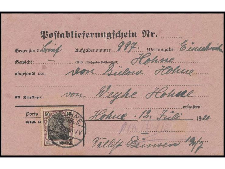 50 Pfg. mit Stempel "HOHNE 12.7.20" für die Rückscheingebühr, verklebt auf Rückschein-Formular im Ortsverkehr, für eine Sendu