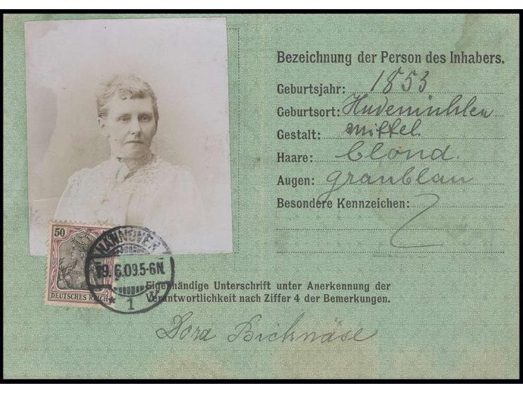 50 Pfg. mit Stempel "HANNOVER 19.6.09" für die Schreibgebühr auf Postausweiskarte mit deutscher Beschriftung in lateinisch, w