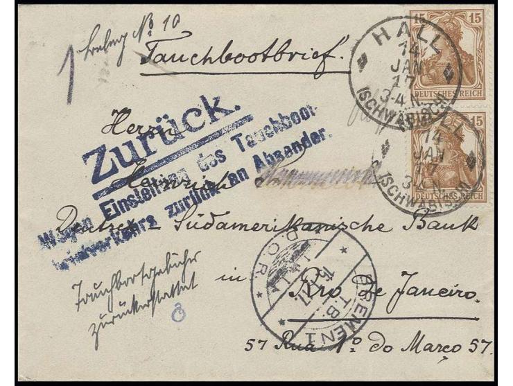 1916, Germania 15 Pfg. hellgelbbraun im senkrechten Paar mit Stempel "HALL 14.1.17" auf Tauchbootbrief nach Rio de Janeiro un