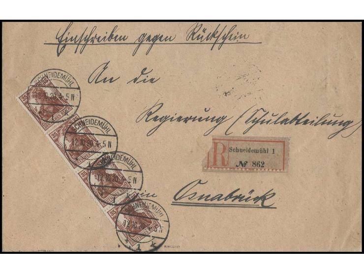 1918, 35 Pfg. rötlichbraun im senkrechten 4er-Streifen als portogerechte Mehrfachfrankatur auf Einschreibe-Rückschein-Brief v