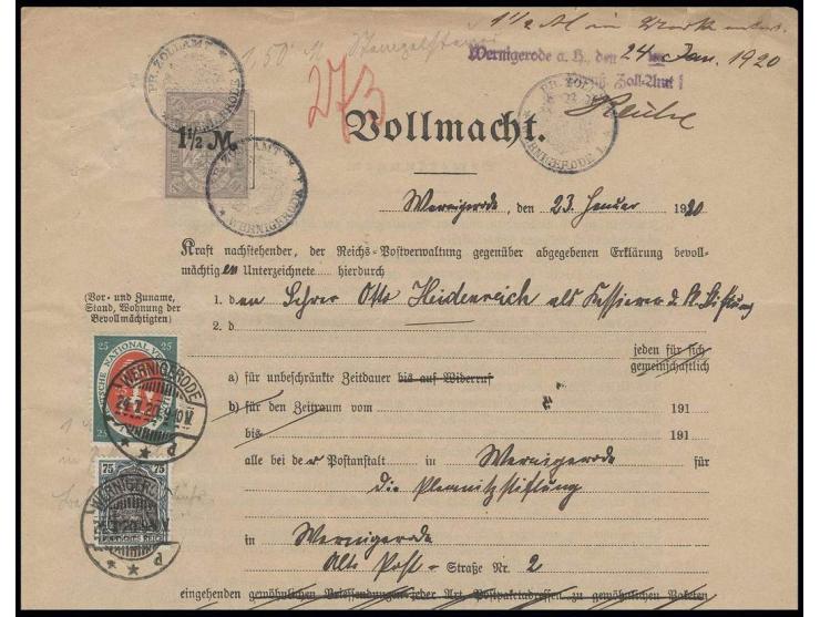 75 Pfg. und Nationalversammlung 25 Pfg. mit Stempel "WERNIGERODE 24.1.20" als Behandlungsgebühr auf kpl. Post-Vollmacht für e