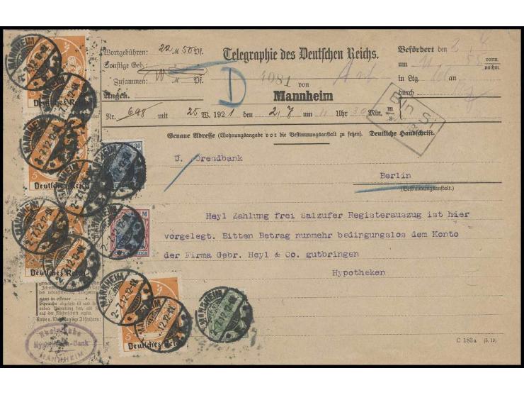 5 M. (4) und Germania 2 M., 30 Pfg. und 20 Pfg. mit Stempel "MANNHEIM 2.7.12" (Fehleinstellung aus 1921) als Gesamtgebühr auf