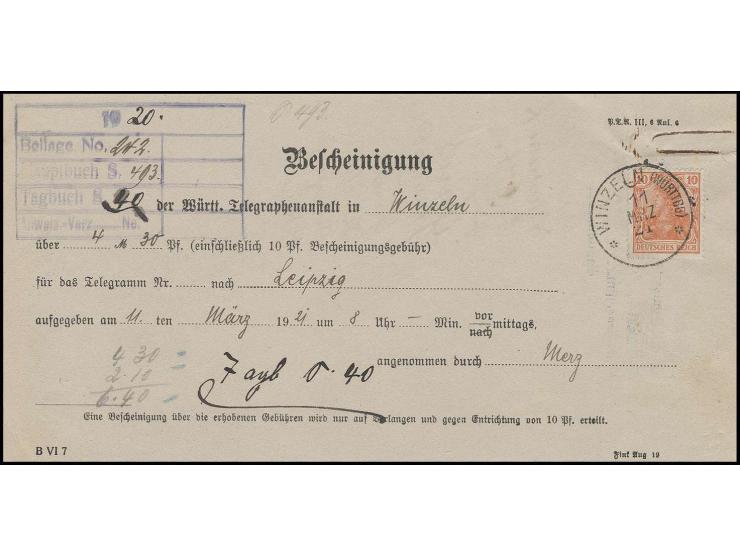 Germania 10 Pfg. mit Stempel "WINZELN 11.MRZ.21" als Gebühr für die Bescheinigung der Telegramm-Gebühren auf entsprechendem F