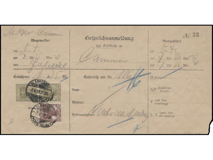 15 Pfg. braunkarmin und senkrechtes Paar 60 Pfg. mit Stempel "BLANKENSEE 17.4.22" auf "Gesprächsanmeldung der Hilfsstelle in 