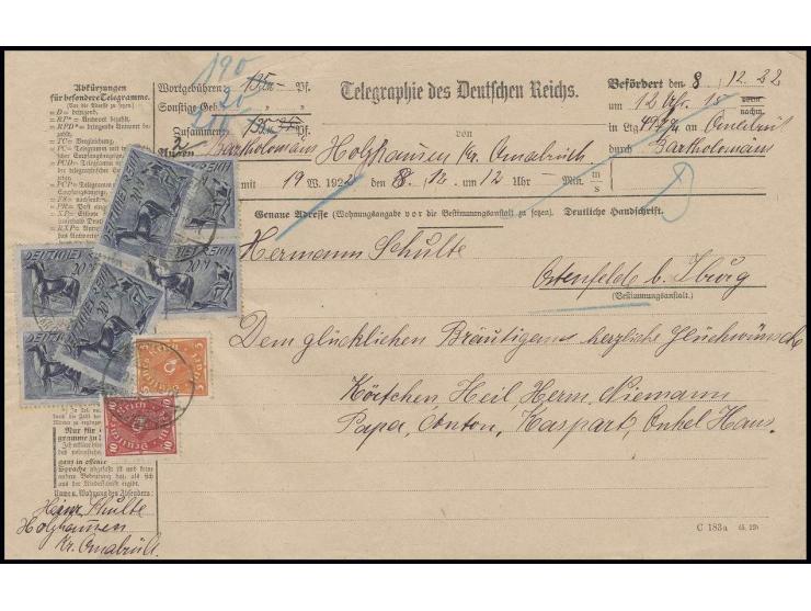 20 M. (6) mit Posthorn 5 M. und 10 M. mit Stempel "SUTTHAUSEN 9.12.22" auf kpl. Aufgabe-Formular aus Holzhausen für ein Teleg