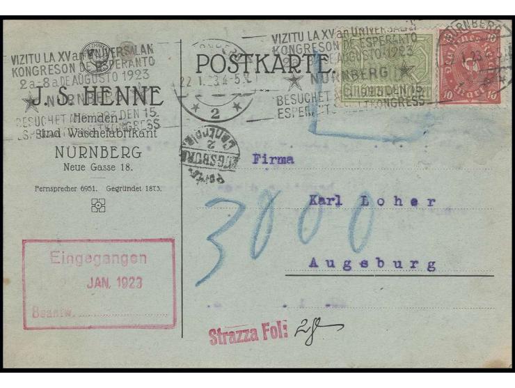 10 M. und Einkommenssteuermarke 5 M. als versuchte Frankatur auf unterfrankierter Firmenpostkarte von "NÜRNBERG 22.1.23" nach