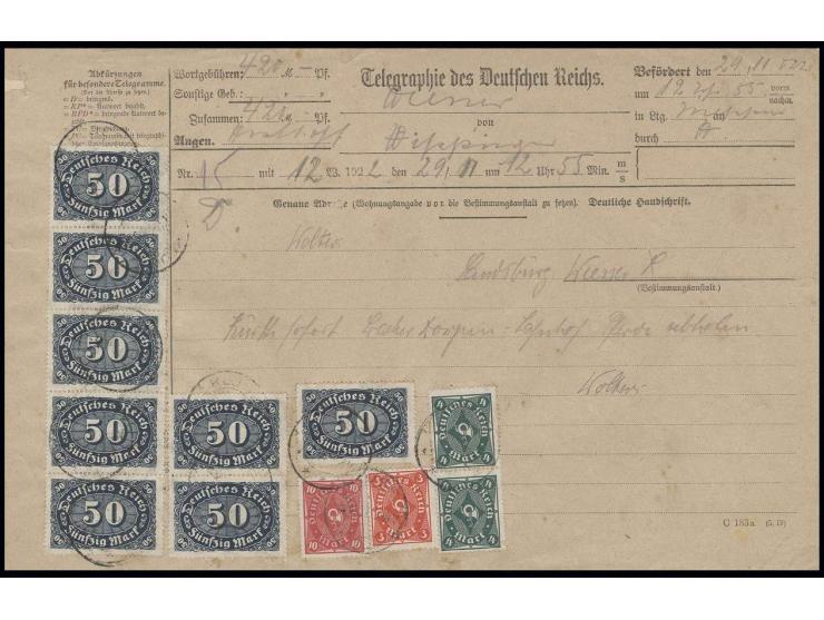 Ziffer 50 M. (8) und Posthorn 10 M., 3 und 4 M. (senkrechtes Paar) mit Stempel "KLUSE 29.11.22" als Gesamtgebühr auf ein Aufg