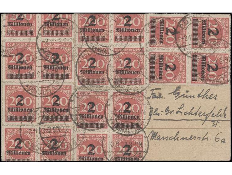 2 Mio. 200 M. durchstochen, 20 Stück in Einheiten auf Postkarte von "CÖTHEN 3.11.23" nach Berlin, Marken zum Teil um den Rand