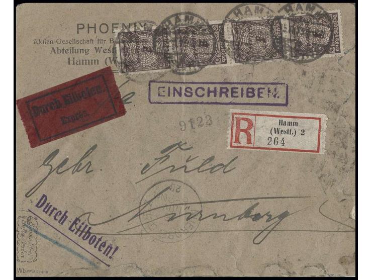 1 Mrd. M. schwarzbraun mit Firmenlochung, 40 Stück vorder- und rückseitig als portogerechte Frankatur auf R-Eilboten-Brief vo