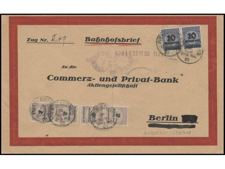 10 Mrd. auf 20 Mio. M. violettultramarin im waagerechten Paar und 2 senkrechte Paare 2 Mrd. M. mit Stempel "FÜRTH 20.11.23" a