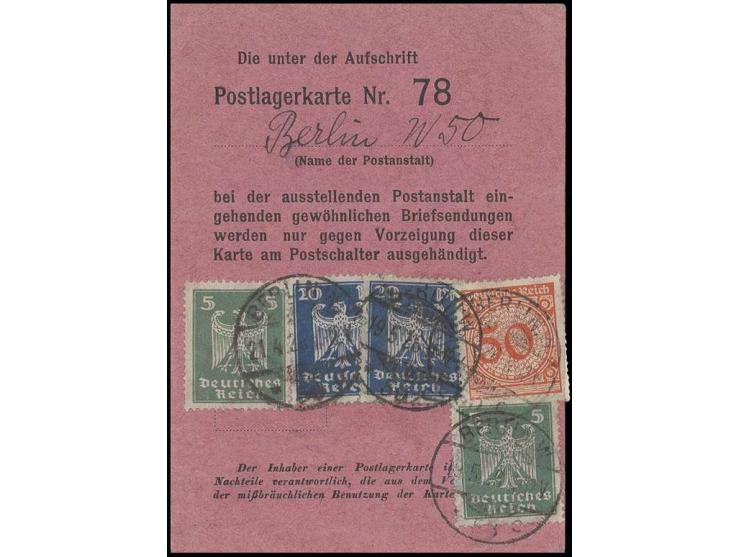 1923, Rentenwährung: 50 Pfg. und Reichsadler 5 Pfg. (2) und 20 Pfg. (2) mit Stempel "BERLIN 21.4.26" auf Postlagerkarte für d
