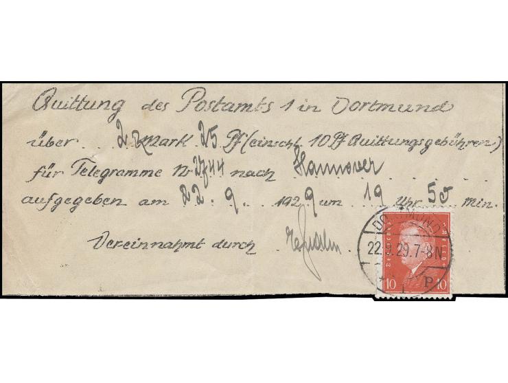1928, Reichspräsidenten 10 Pfg. mit Stempel "DORTMUND 22.9.29" als Quittungsgebühr auf kleinformatiger Postamtsquittung für e
