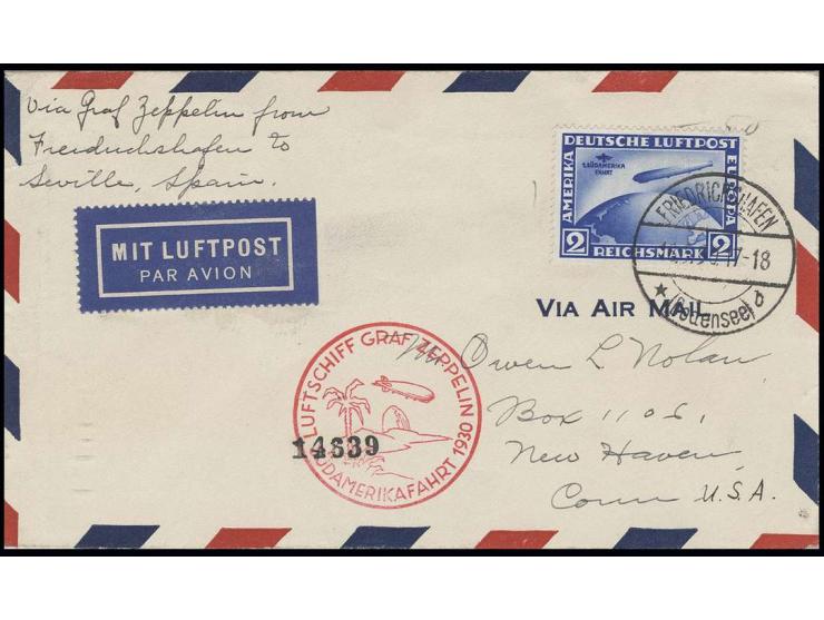 1930, Südamerikafahrt 2 M. mit Stempel "FRIEDRICHSHAFEN" bis Sevilla, adressiert nach USA, Pracht (Mi. 650,-)