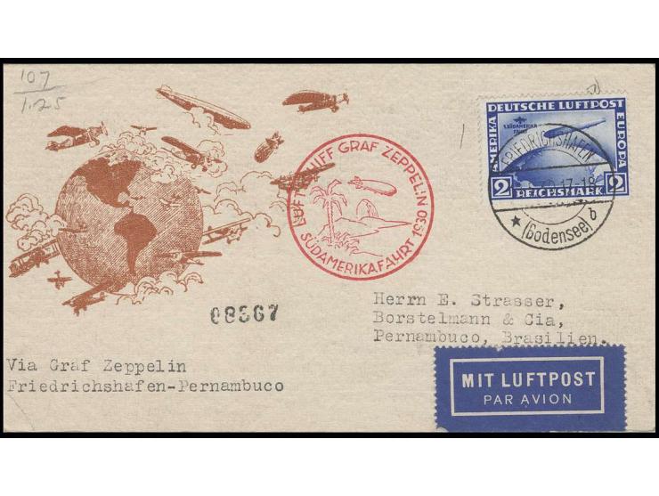 2 M. mit Stempel "FRIEDRICHSHAFEN" auf Karte (links unten leichter Eckknick) bis Pernambuco, Pracht (Mi. 650,-)