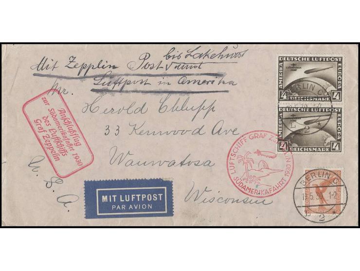 4 M. im senkrechten Paar mit Zusatzfrankatur auf Zeppelinbrief Anschlußflug Berlin der Südamerikafahrt mit Inhalt nach USA, P