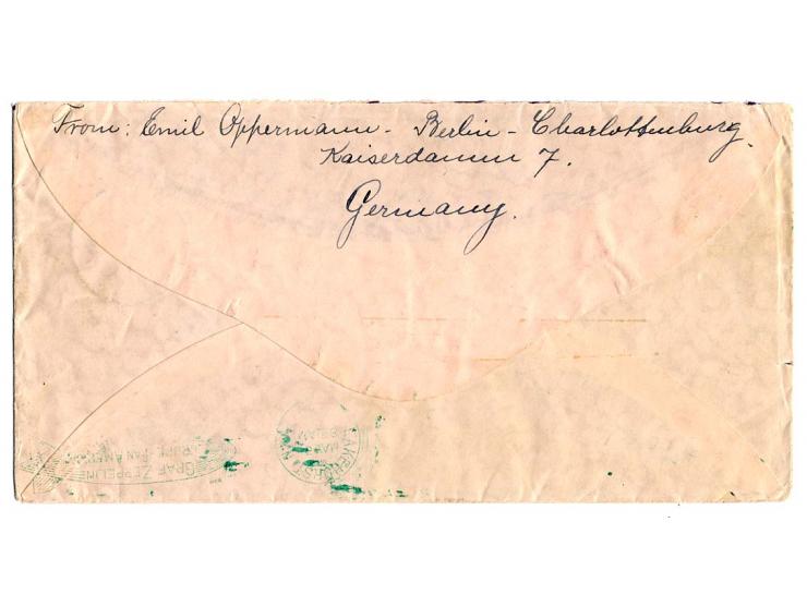 4 M. im senkrechten Paar mit Zusatzfrankatur auf Zeppelinbrief Anschlußflug Berlin der Südamerikafahrt mit Inhalt nach USA, P