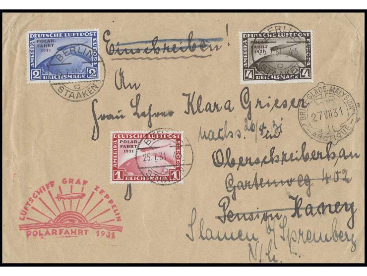 1931, Polarfahrt 1-4 M. kpl. (2 M. leichte Knitterspuren) auf Zeppelinbrief der Polarfahrt von Berlin nach Maliguyn (Mi. 1.50