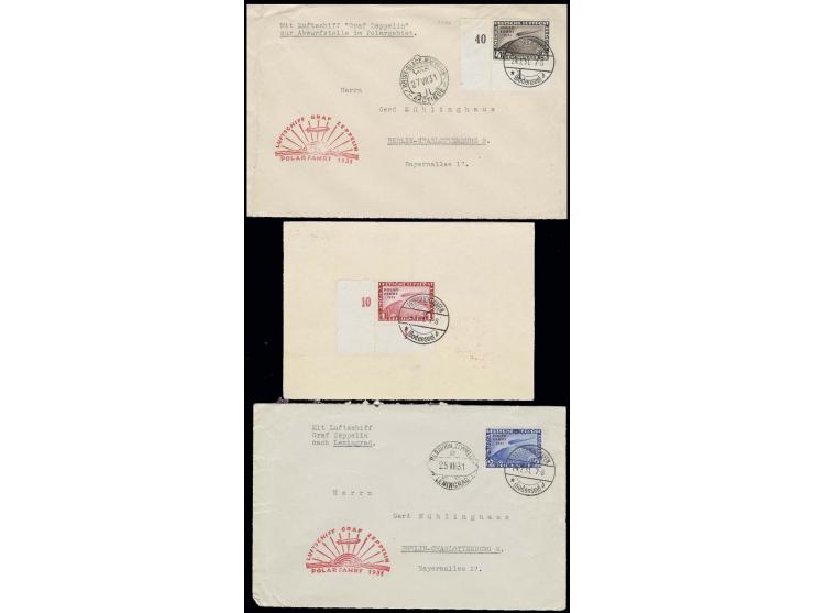 1-4 M. kpl. auf Zeppelinkarte bzw. -briefen der Polarfahrt, dabei 1M. und 4 M. je linke untere Bogenecke (Mi. 1.780,-)