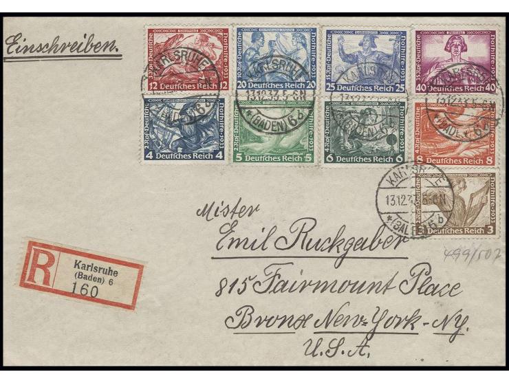 Wagner 3-40 Pfg. kpl. mit Stempel "KARLSRUHE 13.12.33" auf R-Brief nach New York, minimal unfrisch, sonst gute Erhaltung