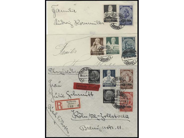 5-50 Pfg. kpl. auf 3 Briefvorderseiten bzw. Briefteilen mit Zufrankaturen von Karlsruhe, Pracht, Fotoattest H.-D.Schlegel BPP