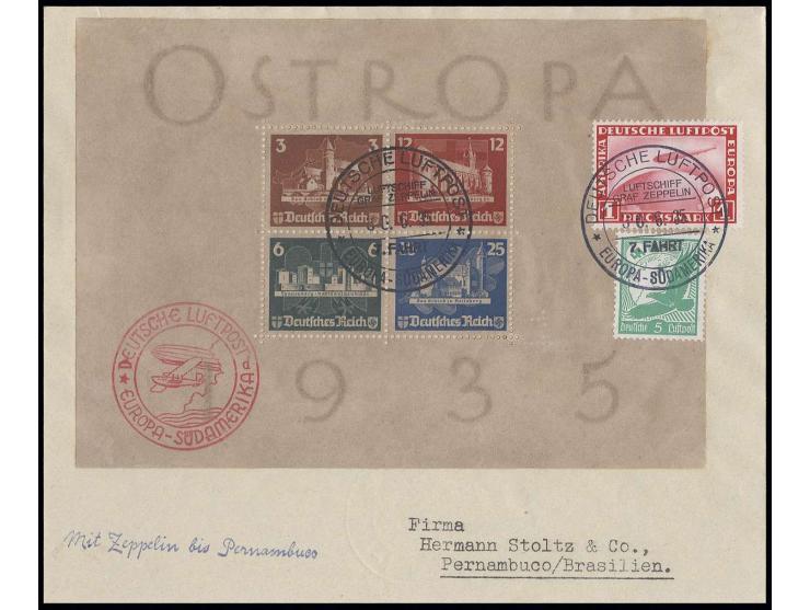 1935, Ostropa-Block mit Zufrankatur auf Zeppelinbrief der 7. SAF 1935