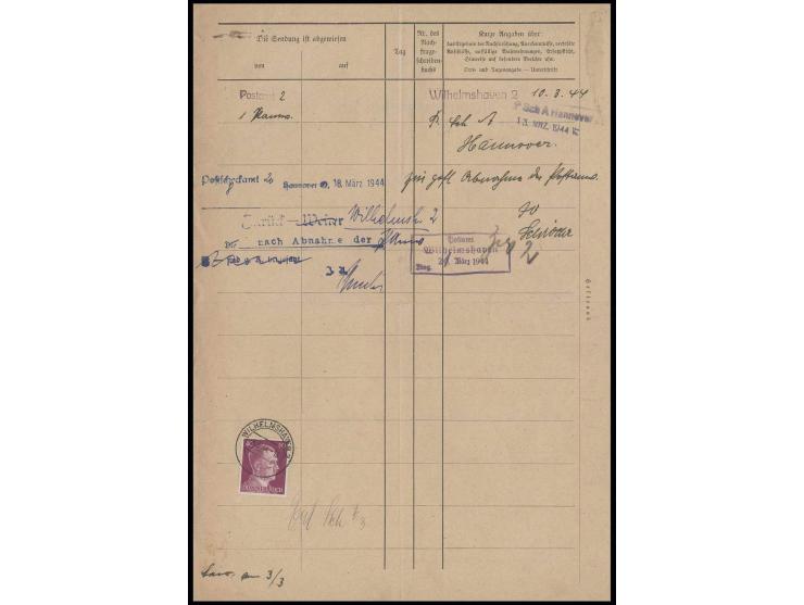 1941, Hitler 40 Pfg. mit Stempel "WILHELMSHAVEN 2/6.3.44" auf Nachfrageschreiben für eine Postanweisung an eine Feldpost-Adre