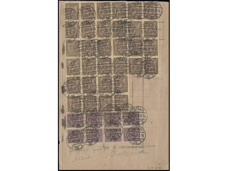 1920, ohne Ziffer "21": 5 M. siena im 24er- und 8er-Block sowie 50 Pfg. im 8er-Block mit Stempel "CÖLN 25.10.22" als Gebühr f
