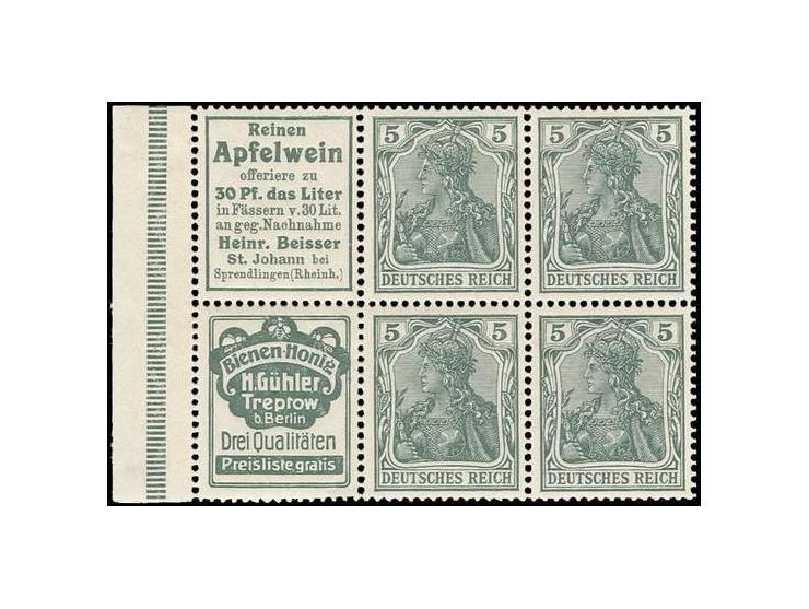 1911, Heftchenblatt "Apfelwein Beisser"+5 Pfg. und "Bienen-Honig Gühler"+5 Pfg., Strichleiste durchgehend und Rand nicht durc