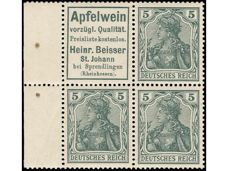 1911/12, "Apfelwein Beisser"+5 Pfg. mit 2 weiteren Werten 5 Pfg. und linkem Rand, postfrisch, senkrecht in der Zähnung gefalt