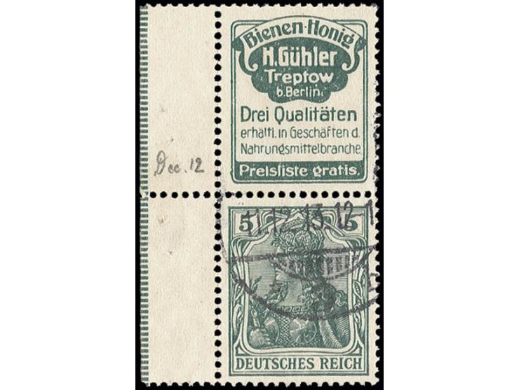 "Bienen-Honig Gühler"+5 Pfg., gestempeltes linkes Randstück, zwischen Rand und Marken gefaltet, Pracht (Mi. 1.000,-)