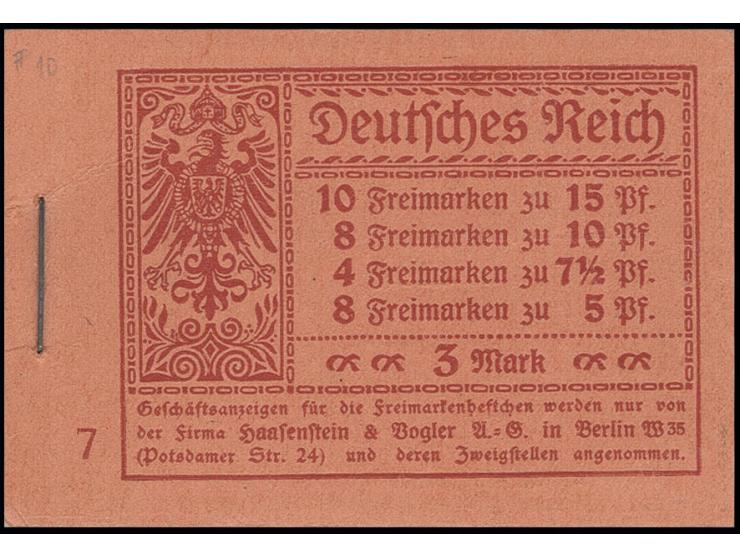 1918/19, Markenheftchen Germania 3 M. mit ONr. 7, postfrisch, Vorderdeckel aufgefaltet und kurzer Randspalt neben Klammer (Mi