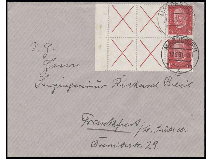 1928, Reichspräsidenten X+X+15 Pfg., 2mal zusammenhängend mit Heftchenrand auf portogerechtem Brief der 2. Gewichtsstufe von 