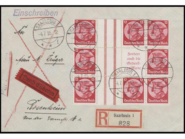 1933, Fridericus 12+Z+A4+12 Pfg. in Einheit mit 2 Stück 12+Z+12 Pfg. auf geringfügig überfrankiertem R-Express-Brief von "SAA