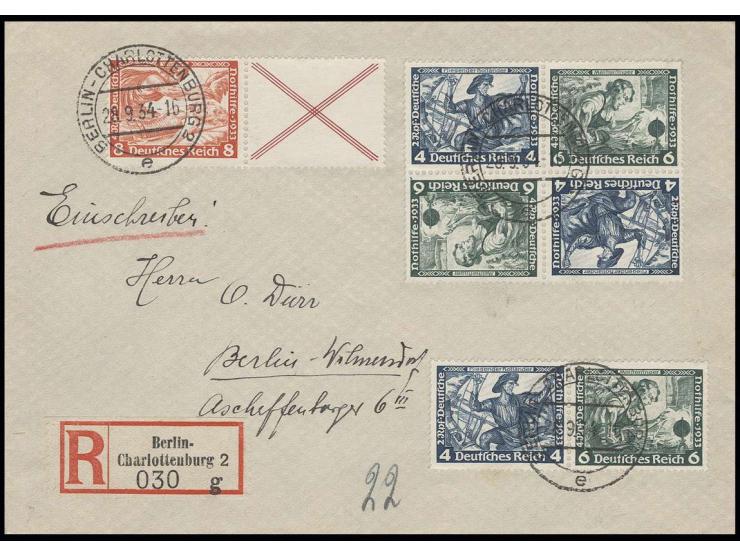 8+X mit Zusatzfrankatur auf portogerechtem Orts-R-Brief von "BERLIN-CHARLOTTENBURG 28.9.34", Kabinett (Mi. 680,-)
